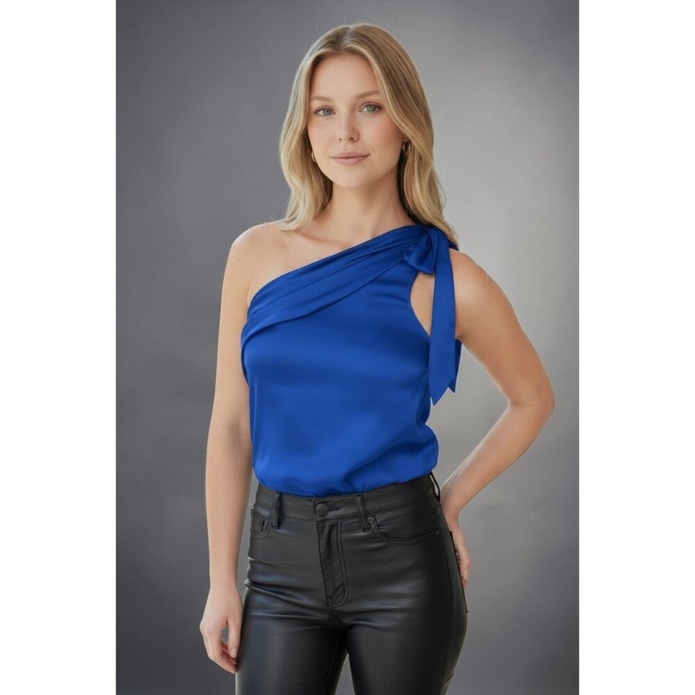 NEW Express Satin One Shoulder Tie Thong Bodysuit Blue XS
